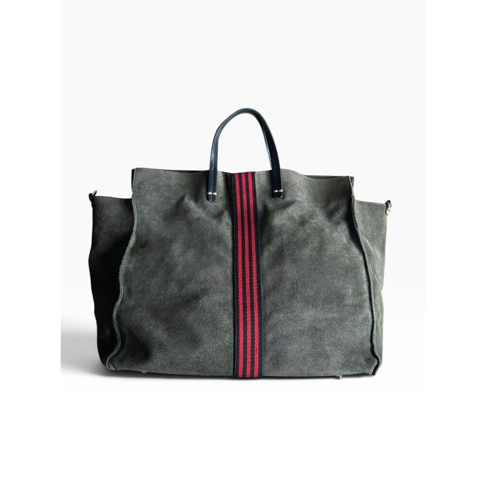 Clare V. Simple Tote Army Olive Suede Red Stripe Tote